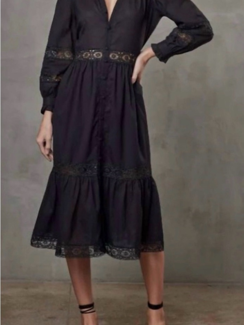 Sundays by wearesundays Black Button-Front Lace-Trim Midi Dress